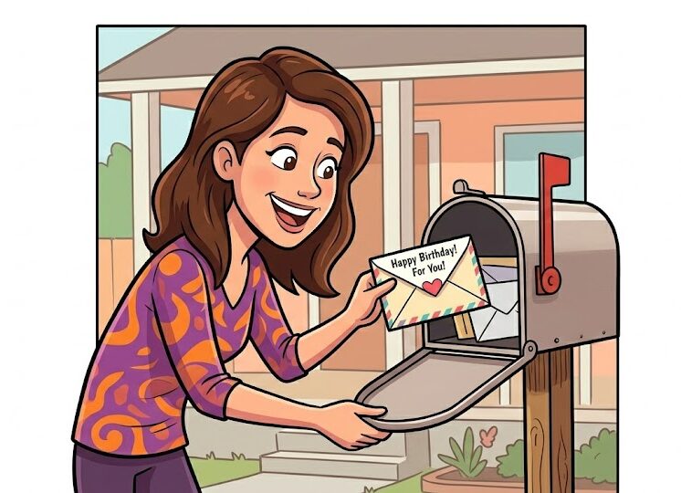 Woman at mailbox receiving a birthday card