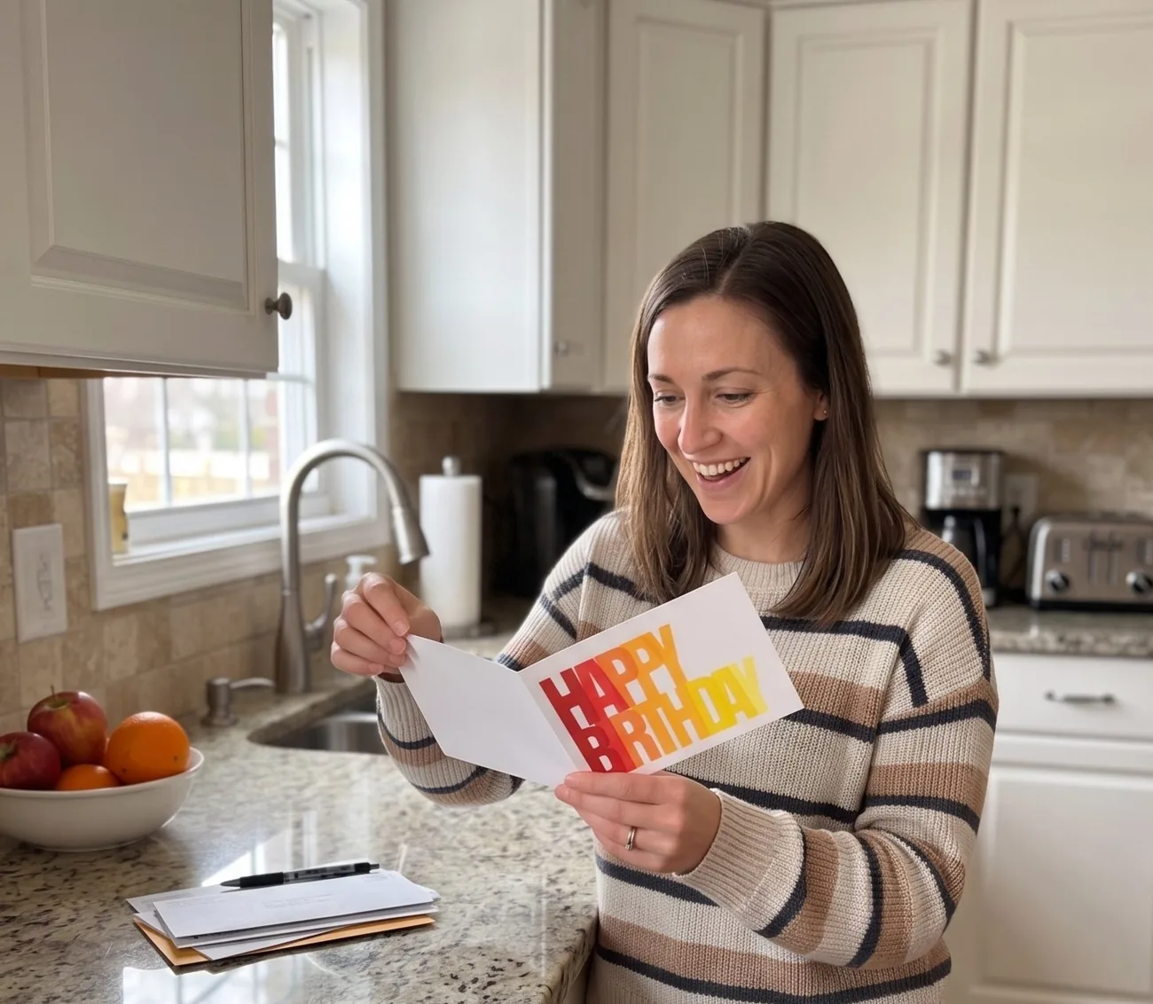 Woman in kitchen with Card